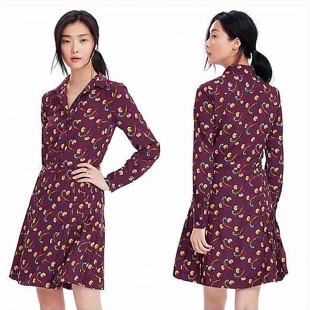 Banana Republic Floral Burgundy Pleated Skirt Mini Long Sleeve Dress 14
